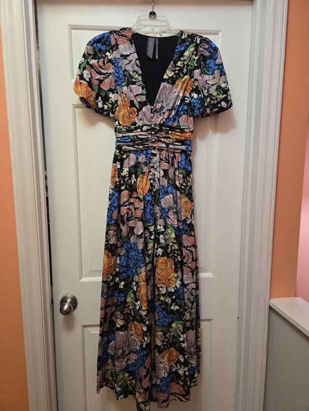 Anthropologie Floral V-Neck Maxi Dress in Black with Multicolor Bloom